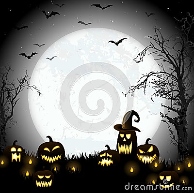 Halloween dead tree and pumpkins in front of an full moon Vector Illustration