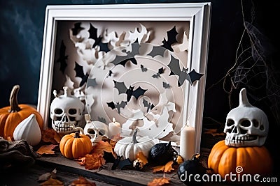 Halloween Decor Concept, Frame Made Of Small Pumpkins, Paper Bats And Skeleton. Generative AI Stock Photo