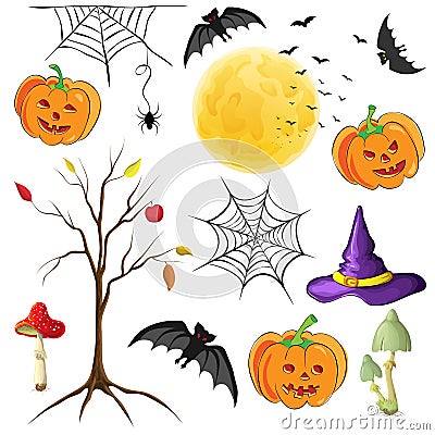 halloween decor elements isolated on white. cute halloween cartoons element collection for celebration design. vector illustration Cartoon Illustration