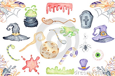 Halloween decor elements watercolor illustration set Cartoon Illustration