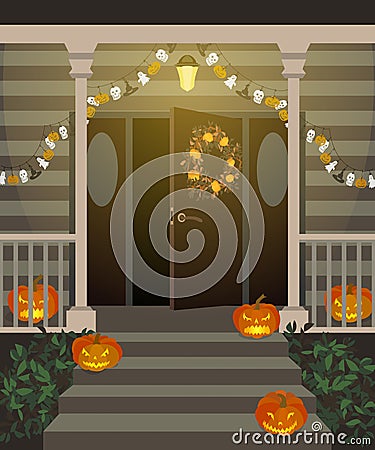 Halloween decorated front door. Vector Illustration