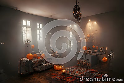 Halloween decorated home interior with costumed figures, neural network generated art Stock Photo