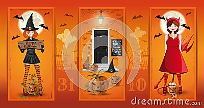Halloween decorated house and two cute girls Vector Illustration
