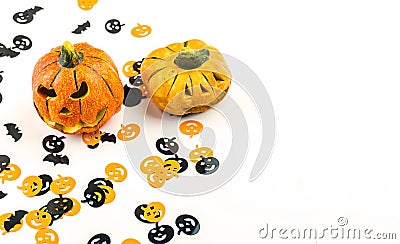 Halloween decoration concept, little jack-o-lantern pumpkins overhead isolated Stock Photo