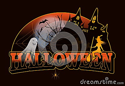 Halloween decorations. Background with castle, bats and ghost and young witch. Vector Cartoon Illustration