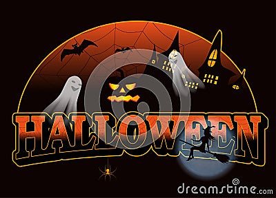 Halloween decorations. Background with castle, pumpkin, bats and ghost, young witch and moon. Vector Vector Illustration