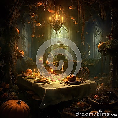 Halloween style setting, dark, dreary, interior design. Created using ai generative. Stock Photo