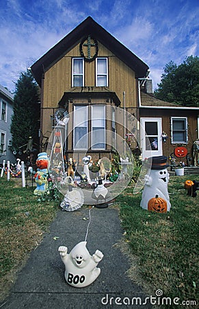 Halloween Decorations on Front Lawn of House, Savanna, Illinois Editorial Stock Photo