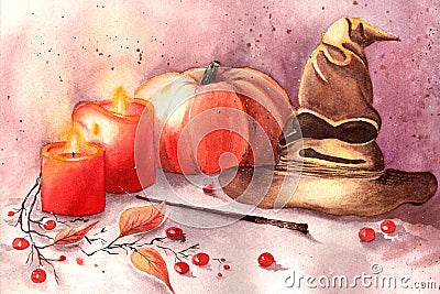 Halloween decorations with Gryffindor hat , pumpkin, red berries, two red candles and Harry Potter magic wand. Stock Photo