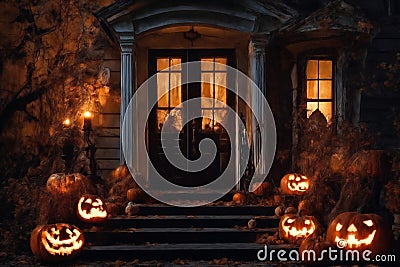 Halloween decorations on the porch of an old house exterior, jack o lantern pumpkins, abandoned place, night, autumn nature Stock Photo