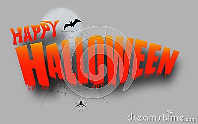 Halloween decorations. Text Happy Halloween with bat and moon, spider web. Vector Vector Illustration