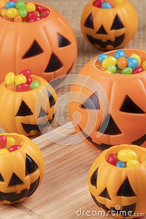 Halloween decorations using plastic pumkins and jelly beans Stock Photo