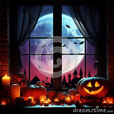 Halloween decorations at the window Cartoon Illustration