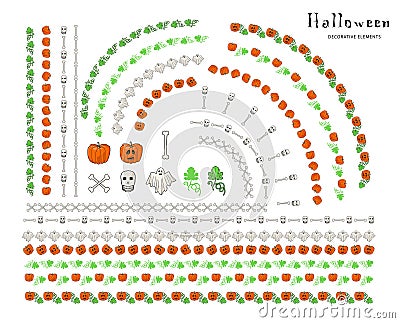 Halloween decorative elements. Skulls, bones, ghosts, pumpkins, leaves. Decorative lines, corners. Vector design elements Vector Illustration