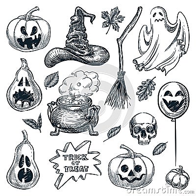 Halloween design elements. Vector hand drawn sketch illustration. Holiday pumpkins, ghost, witch hat, broom and cauldron Vector Illustration
