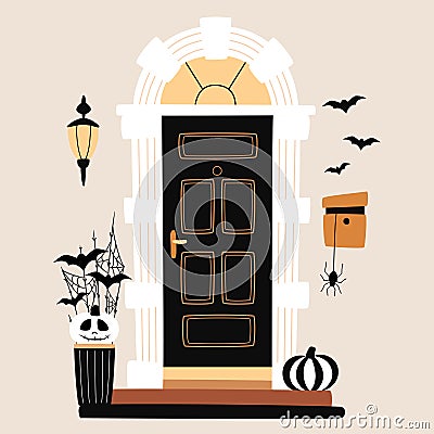 Halloween design. Entrance door decorated for Halloween. Carved black and white pumpkins, bats, spiderweb near black front door. Vector Illustration