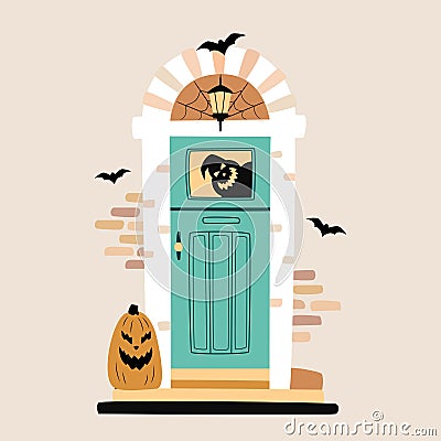 Halloween design. Entrance door decorated for Halloween. Carved pumpkin, bats, spiderweb and ghost silhouette near front door. Vector Illustration