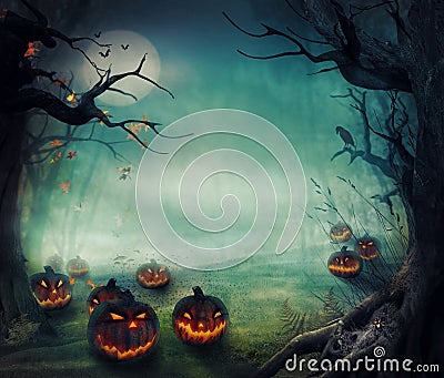 Halloween design - Forest pumpkins Stock Photo