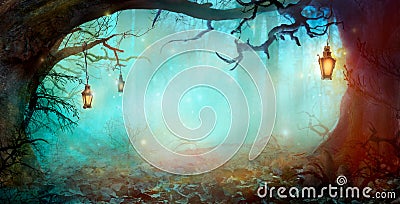 Halloween Design in Magical Forest Stock Photo