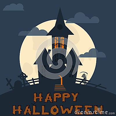 Halloween design template. Spooky landscape with castle, Zombie and Grim reaper. Vector illustration Vector Illustration