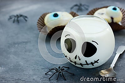 Halloween dessert cream jelly Jack Skeleton, fun food ideas for Stock Photo