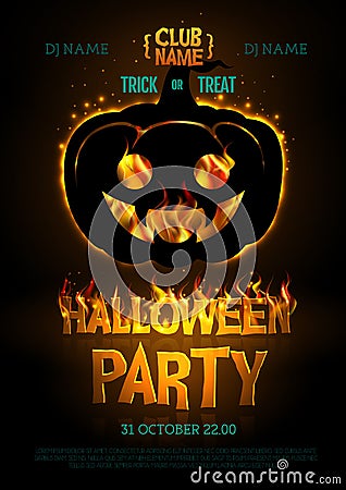Halloween disco party poster with burning letters and jack o lantern. Halloween background Vector Illustration