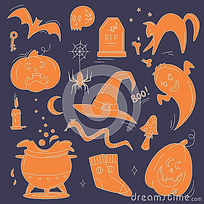 Halloween doodles. Hand drawn vector set of sketches: jack-o-lantern, witch hat, ghost, bat, black cat, scull, tombstone, cauldron Vector Illustration