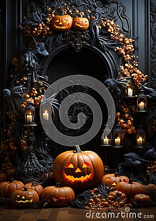 Halloween door entrance with pumpkins and Halloween decorations, Generative AI Stock Photo