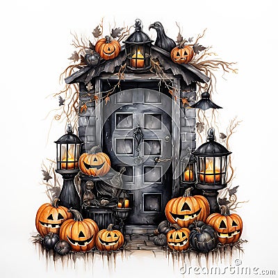 Halloween door entrance with pumpkins and Halloween decorations. Generative AI Stock Photo