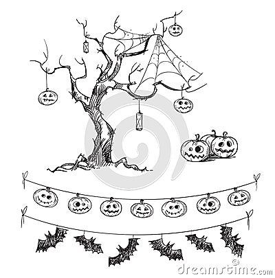 Halloween drawings. Carved pumpkins, lanterns and flags Vector Illustration