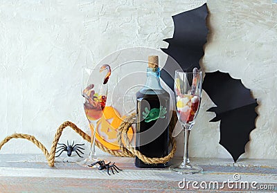 Halloween drinks, dessert with jelly worms, decor Stock Photo