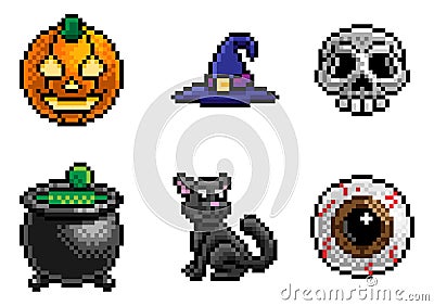 Halloween Pixel Art Game Icon Set Vector Illustration