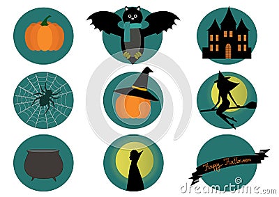 Halloween elements- bat, pumpkin, witch and spider on white background. Vector Illustration