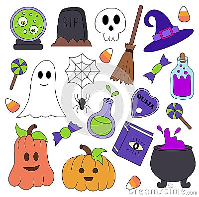 Halloween elements set. Vector illustration with pumpkins, tombstone, skull, ghost, witch hat, cauldron, magic book, Ouija board, Vector Illustration