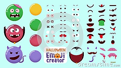 Halloween emoji vector creator kit. Smileys character set in zombie, vampire and devil monster costume with editable face parts. Vector Illustration