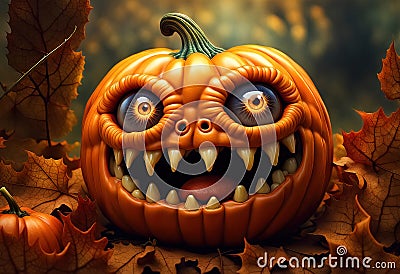 Halloween etude with a cute monster pumpkin Stock Photo