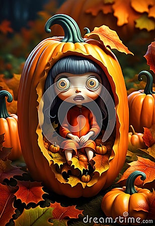 Halloween etude with a cute monster pumpkin Stock Photo