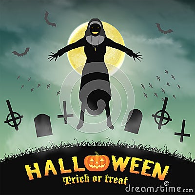 Halloween evil nun in a night graveyard Vector Illustration