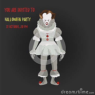 Halloween evil Pennywise clown. Party invitation template. Vector Illustration