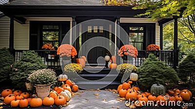 Halloween fall seasonal front porch decorations, exterior home decor, pumpkins, orange and black Stock Photo