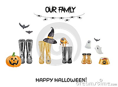 Halloween family print concept with watercolor wellies boots for four. Black and orange rain boots collection. Rubber boots Stock Photo