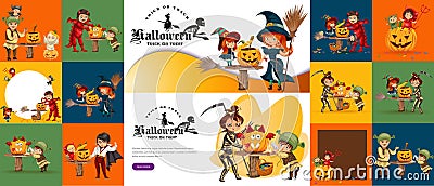 Halloween family set vector illustration. Mother father children dressed mystery costumes of dragon death witch devil Vector Illustration