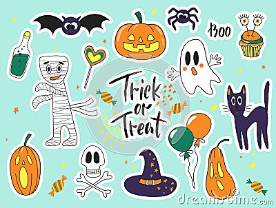 Halloween fashion cute cartoon doodle patch badges with ghosts, cat, spider, pumpkins and other elements.Set of stickers Vector Illustration