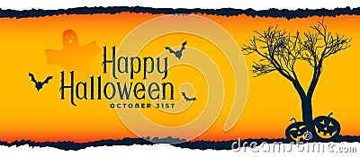 Halloween festival scene with tree, flying bats and pumpkins Vector Illustration