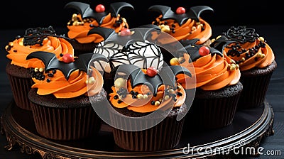 Halloween festive cupcakes. Generative Ai. Stock Photo