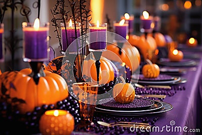 Halloween festive table setting with autumnal decor for party Stock Photo