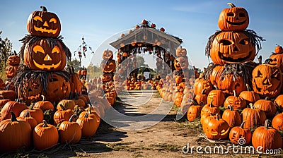 Halloween field of jack o lanterns pumpkins. Generative AI Stock Photo