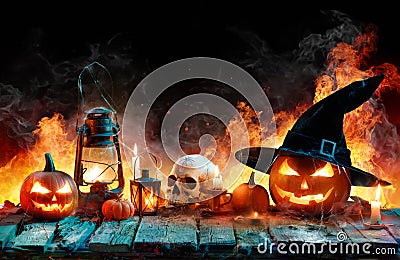 Halloween In Flame - Burning Pumpkins Stock Photo