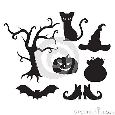 Halloween flat elements symbol. Scary cat, tree, hat, witch pot, broom, bat and shoes silhouette. Pumpkin jack lantern Vector Illustration