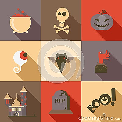 Halloween flat icon set poison skull eye bat zombie hand grave Vector Illustration